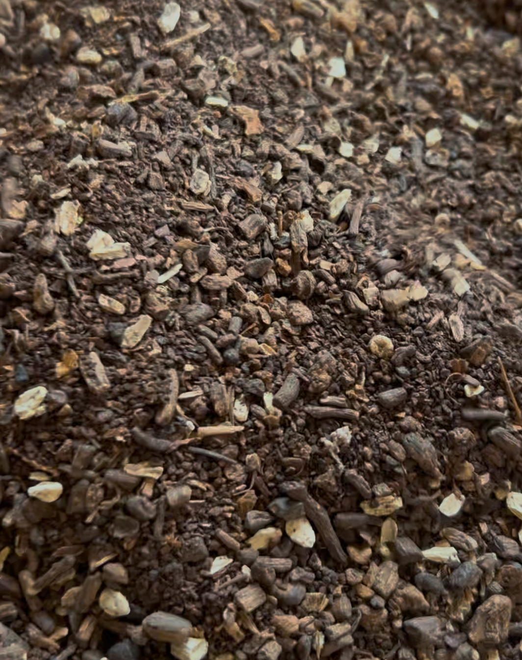 A close up of the texture of our Root Coffee coffee alternative. Roasted chicory dandelion and burdock roots blended to perfection. 